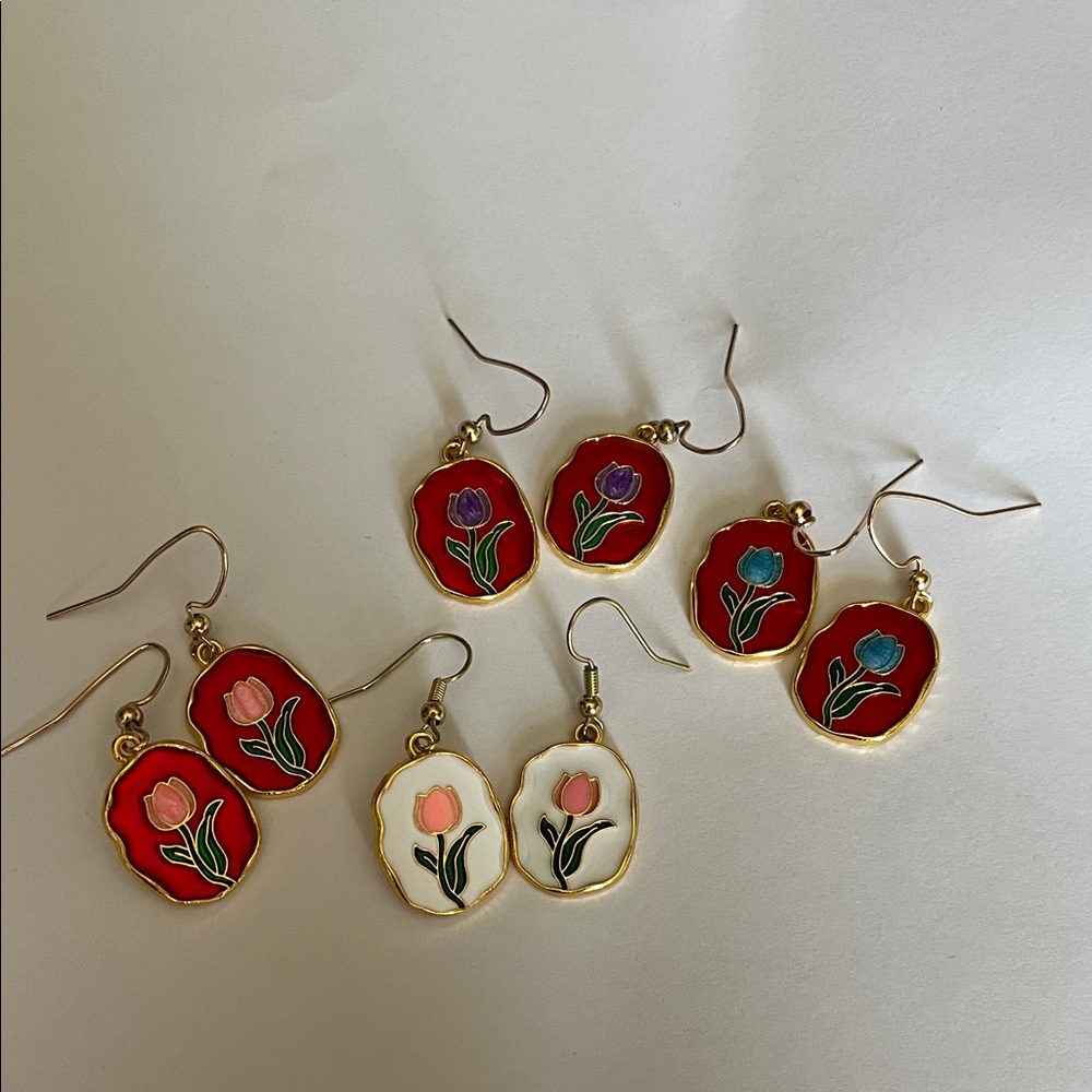 Floral Enamel Drop Earrings Set - Red, White, Gold, tulips 🌷